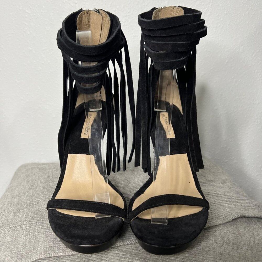 MICHAEL Kors Daphne Fringe Heels Black Suede Size 38 - Picture 3 of 8